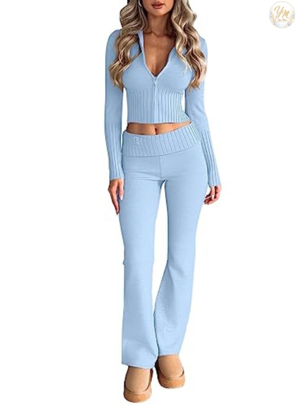 2 Piece Matching Set Knit Sweatsuit Crop Hoodie Flare Pants Zip Up Women
